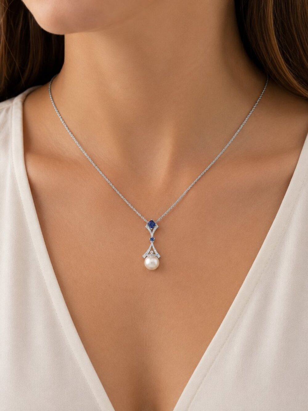 925 Sterling Silver Dia. Created Blue Sapphire FWC Pearl Necklace Pendant